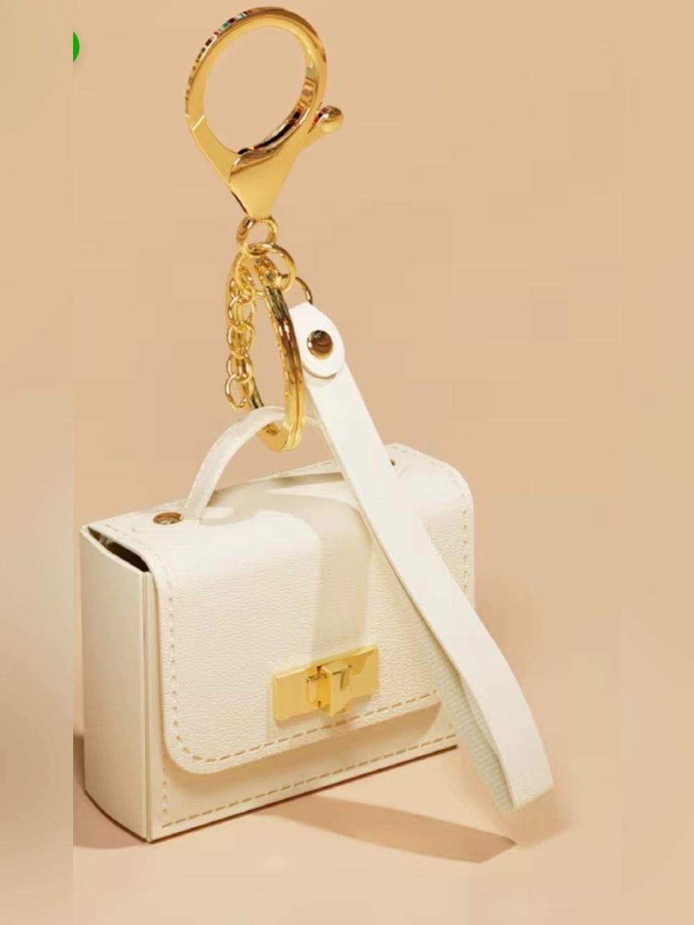White Mini Handbag Keychain with Gold Hardware